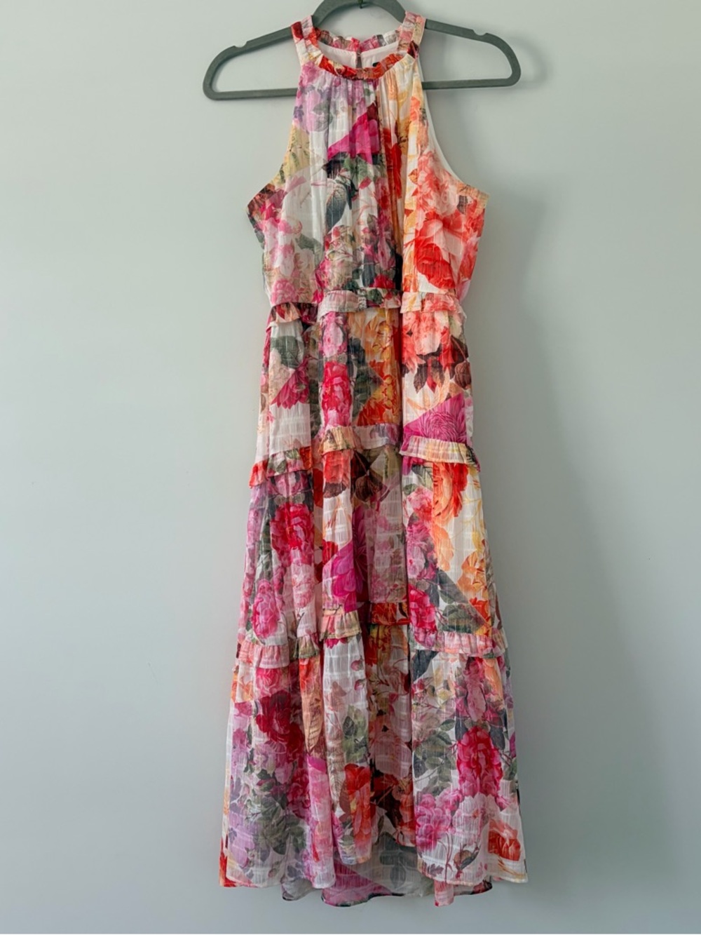 Vince Camuto Pink White Sleeveless Floral Chiffon Ruffle Tiered Midi Dress 6
